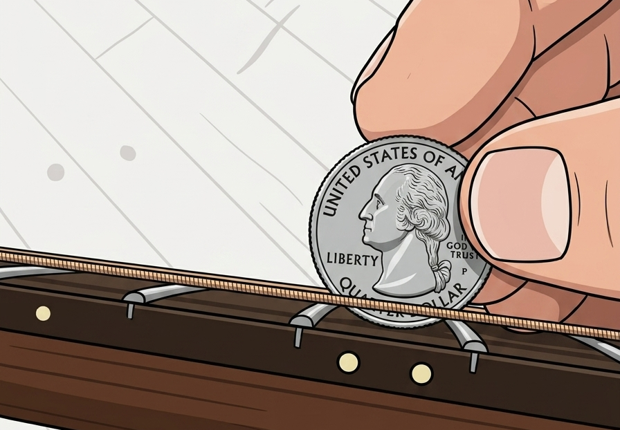 Quarter coin measuring string height at 12th fret
