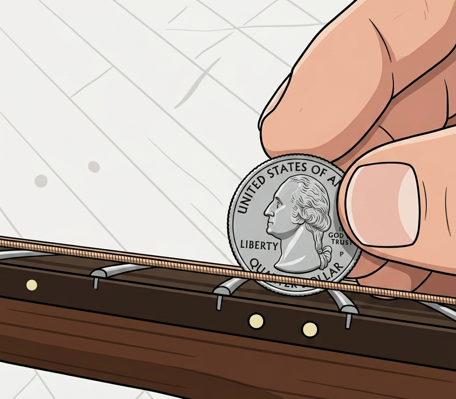 Quarter coin measuring string height at 12th fret