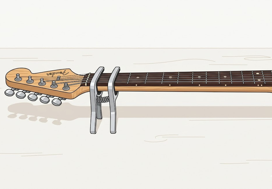 Guitar neck with capo at first fret for neck relief check